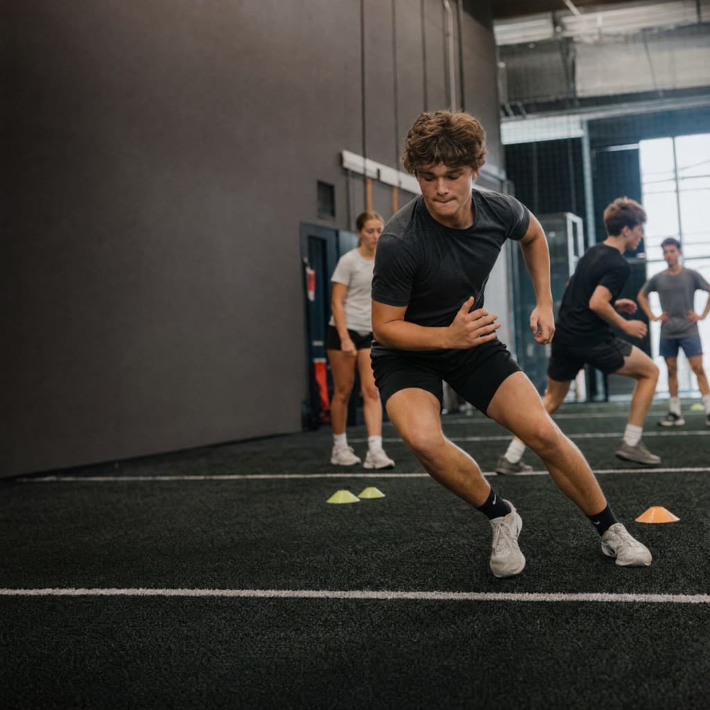 Athlete performing an explosive change of direction in training